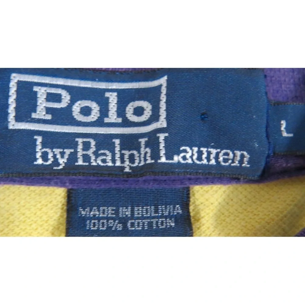 Polo Ralph Lauren Mens L Purple Yellow Stripe Pique Cotton Polo Shirt LSU Lakers